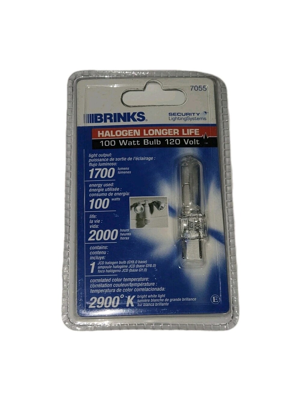Brinks Security Bulb, JCD Halogen, #7055, 100W, 1700 Lumens, 2000 Hours, New